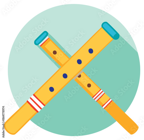 Bright Yellow Flutes Crossed for Music Concept featuring Teal Accents and Vibrant Circular Graphic Element