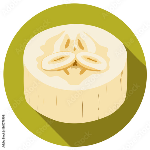 Illustration of a single slice of ripe banana with seeds visible in a circular frame