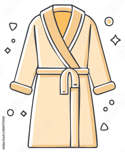 Comfortable light-colored bathrobe illustration. Loungewear apparel for relaxation. Soft texture, cozy bathroom wear. Hotel spa or home garment with belt.