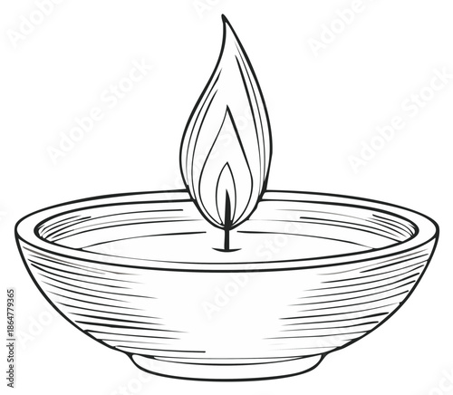 Hand Drawn Diya Lamp with Flame for Diwali or Festive Occasions