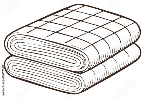 Quilted comforter and folded textile stack vector line drawing