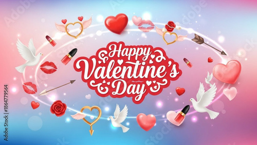 Happy valentine's day celebration with hearts, lipsticks, and doves on colorful background for love and romance with Valentine s Day and red heart