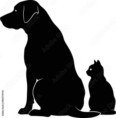 Silhouette of a large dog and a small cat sitting side by side symbolizing companionship and diversity in pets