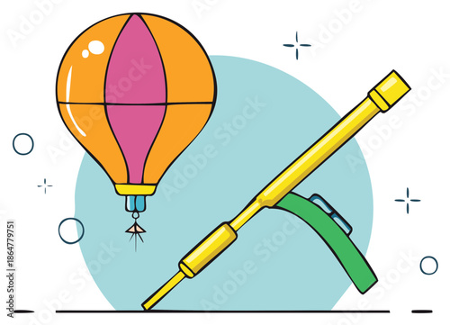 Whimsical colorful hot air balloon and golden observation telescope exploration illustration