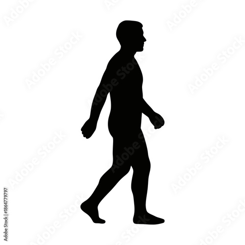 Simple black silhouette of a person walking forward on white background