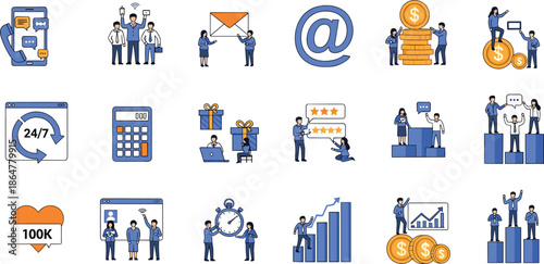 Business icon set, communication symbols, marketing visuals, digital strategy tools, team success graphics, colorful vector pack, modern style, minimal 