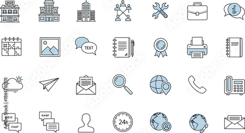 Business icons, communication symbols, office tools, corporate interface, chat bubbles, calendar, phone, envelope, globe, magnifying glass, briefcase 