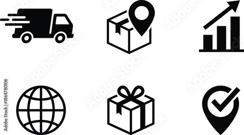 Logistics and shipping icon set, featuring delivery truck, package tracking, growth chart, global distribution, verified location pin, and business commerce.