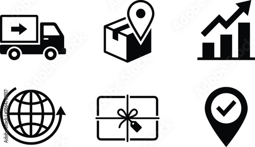 Professional business technology icons set featuring data analytics charts, network servers, cybersecurity shields, global communication symbols, and logistics delivery tracking icons.