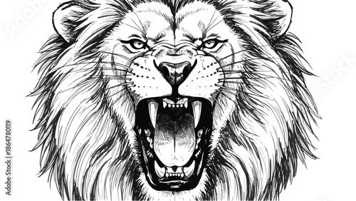 Detailed ink sketch of a roaring lion face