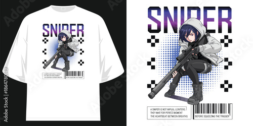 futuristic sniper character anime art graphic tee streetwear design vector illustration artwork

