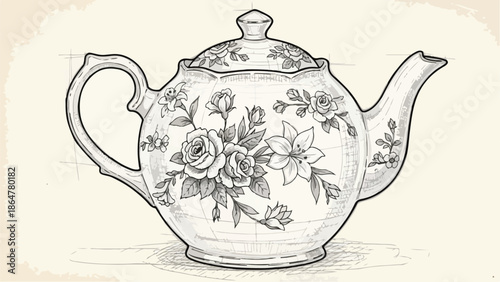 Hand-drawn sketch of an ornate floral tea cup