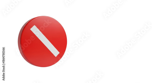 A vibrant red 3D circular prohibition sign with a white diagonal line, floating above a transparent studio surface with a soft shadow, creating negative space, concept of universal prohibition