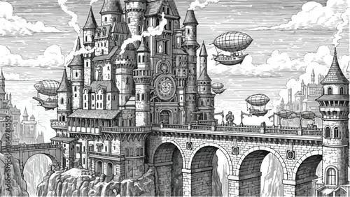 Detailed architectural sketch of a fantasy steampunk castle