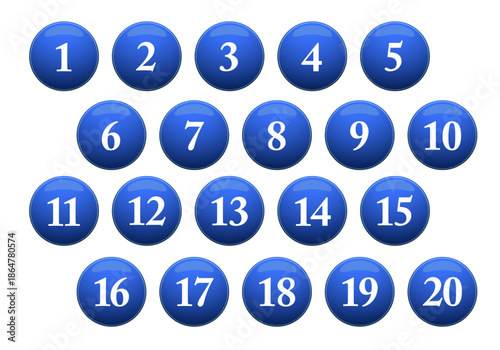 立体感のある青い丸の数字アイコンセット。1〜20。白背景にベクターイラスト。