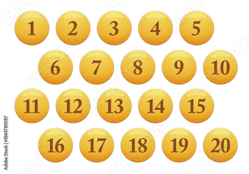立体感のある黄色い丸の数字アイコンセット。1〜20。白背景にベクターイラスト。