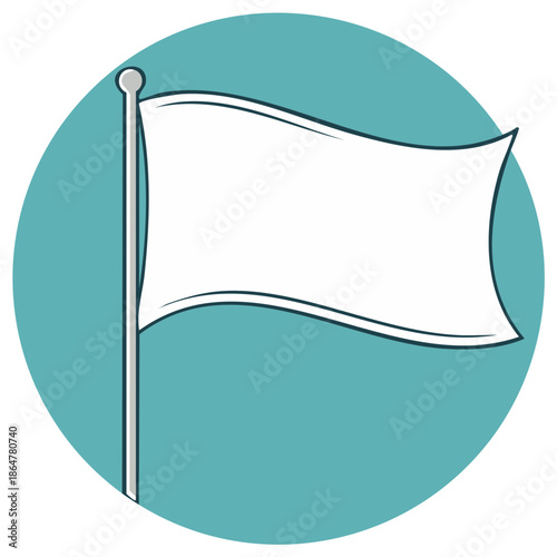 White flag on pole waving, in a teal circle, cartoon style