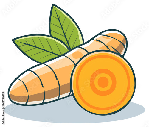 Simple cartoon illustration of a fresh turmeric root and slice with green leaves