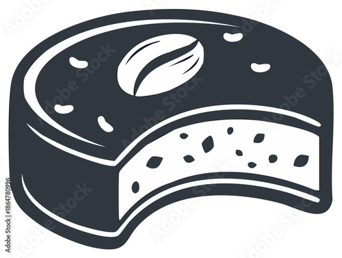 Monochrome vector icon of a bitten chocolate bonbon with a coffee bean garnish