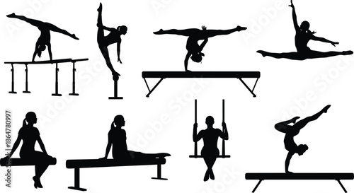Gymnastics Silhouette Collection Featuring Athletes on Balance Beam, Uneven Bars, Trapeze, and Floor Exercises for Sports Competition and Fitness Design Illustrations.