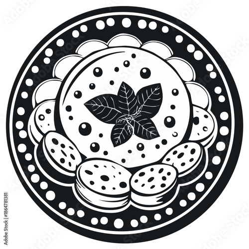 Black and white plate design with food and herbs for menu