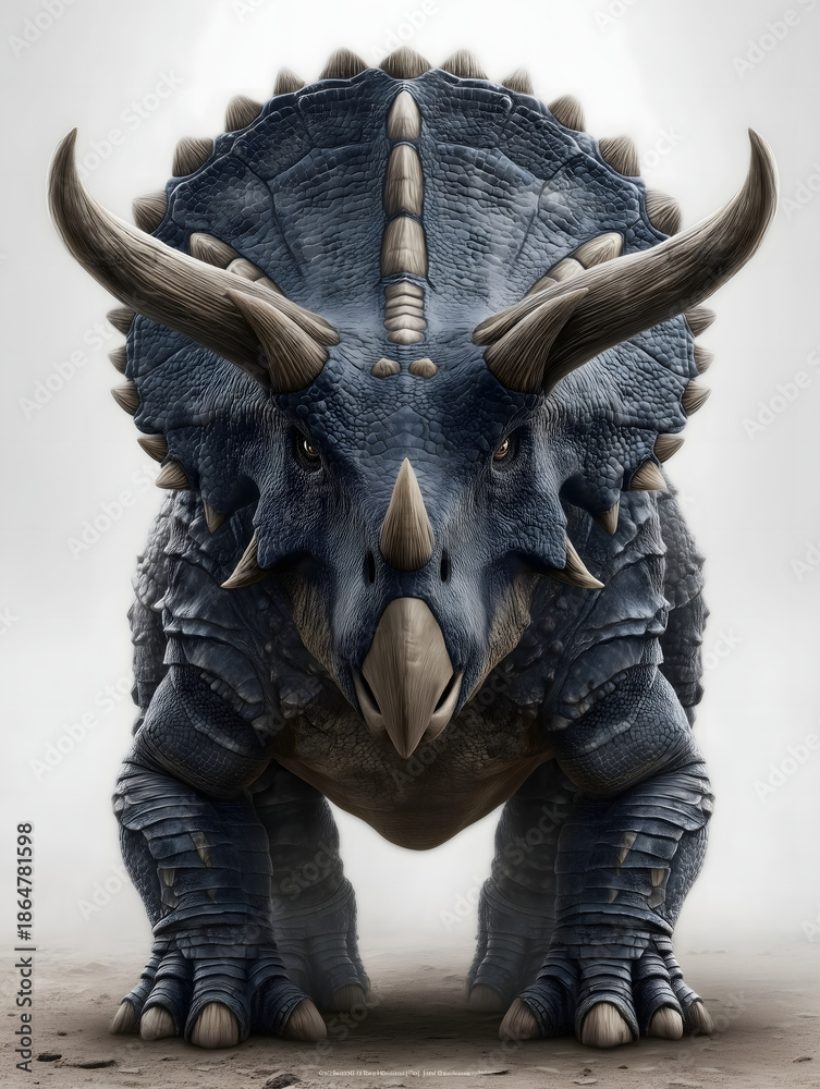 Fototapeta premium Front View of Triceratops Dinosaur with Massive Horns and Armored Skin, Hyper Realistic Prehistoric Creature Portrait, Powerful Ancient Animal Concept on Minimal Background 