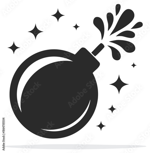 Dynamic black bomb icon with active fuse explosion and shining sparkles graphic illustration