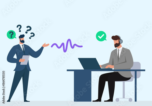 Business Support Agent resolving customer questions via headset and laptop, Customer Inquiry, Help Desk Support, Problem Solving, Live Chat Communication, Issue Resolution
