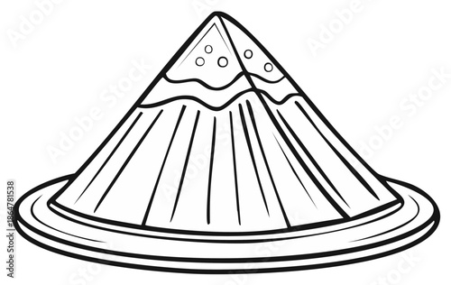 Conical dessert illustration on a plate.  Line art of a sweet treat.