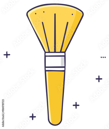 Illustration of soft yellow makeup brush with light blue outline, beauty tools, cosmetic appliance with crosses