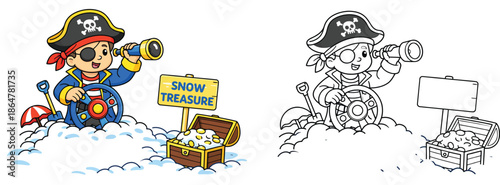 A cartoon pirate youngster using a telescope and treasure chest while playing in the snow For a coloring book page a vector illustration set with a black and white outline