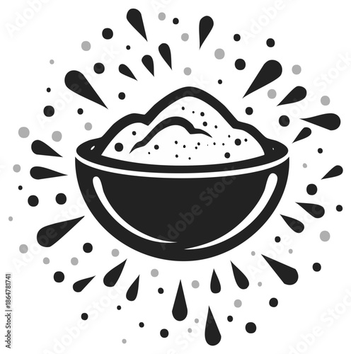 Bowl of powdery substance with splashing droplets and particles in a dynamic burst of motion