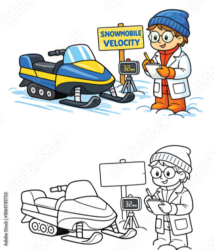 A cartoon scientist youngster using a radar gun to measure the speed of a snowmobile For a coloring book page