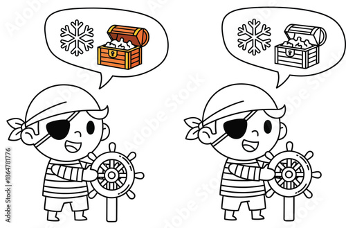 A vector image set with a black and white outline for a coloring book page with a cute cartoon pirate youngster operating a steering wheel and dreaming of a snow treasure chest