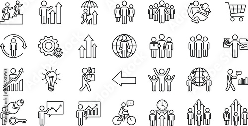 Business icons, teamwork symbols, leadership, growth, productivity, career development, communication, innovation, global collaboration, mentorship, training, strategy