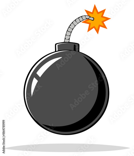 Stylized black bomb with burning fuse and bright spark graphic illustration