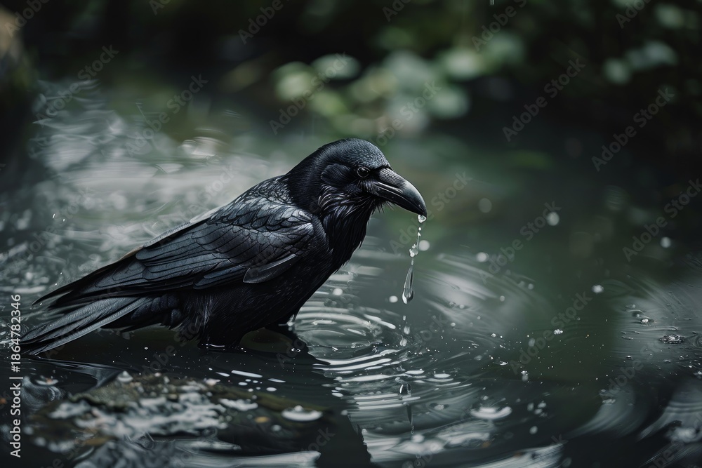 Obraz premium Wet crow refreshing in dark water with droplets falling from beak