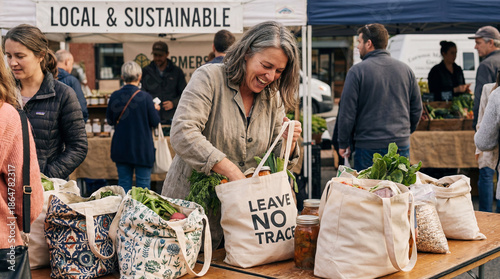 A smiling woman fills her reusable bag with fresh produce at an outdoor Farmers Market. Other shoppers browse the stalls, filled with colorful fruits, vegetables, and artisan goods.