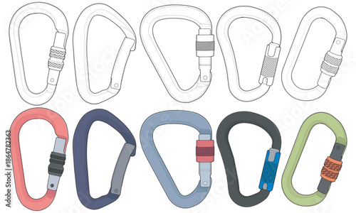 Carabiner illustration set featuring both outline and full color styles in various shapes and locking mechanisms.