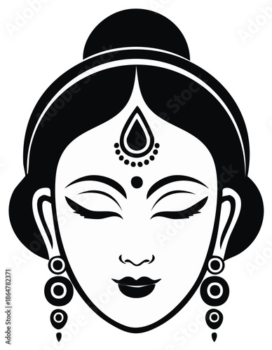 Stylized Woman with Bindi and Earrings Black and White Illustration