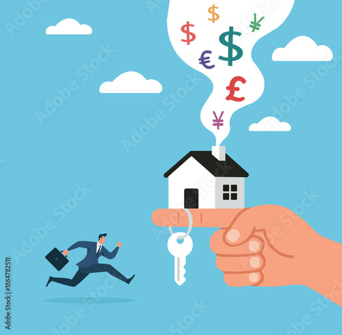 Home Buying, Mortgage Finance, Real Estate Investment, Currency Exchange, Property Ownership, Businessman chasing a house key as global currency symbols rise, symbolizing real estate finance