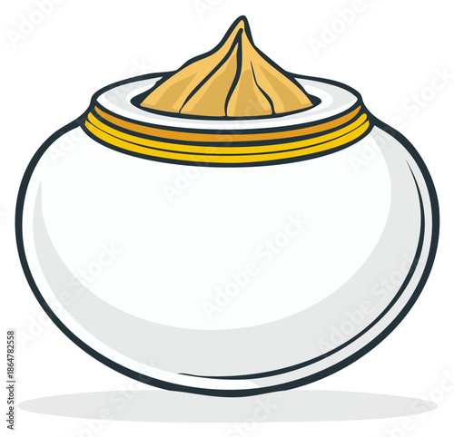 Traditional White Jar with Yellow Stripes Holding Golden Paste or Cream