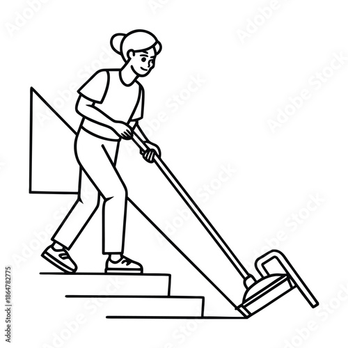 Woman cleaning stairs with a mop and bucket.