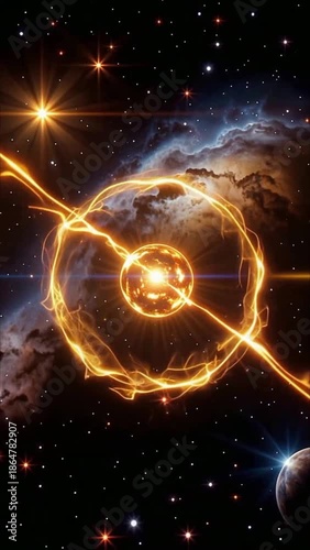 Cosmic explosion with glowing sun and nebulae in starry space cosmos galaxy