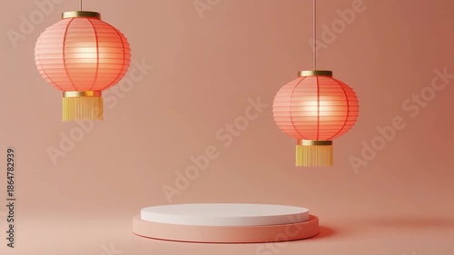 Minimalist Chinese New Year Stage with Red Lanterns and Pedestal.
