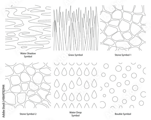 Landscape Architecture CAD Vector Patterns Set. Grass, Water, Stone, Wall, and Texture Elements