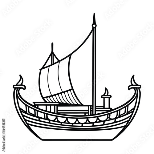 Traditional balinese jukung sailboat cultural line art illustration
