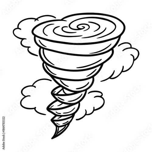 Stylized illustration of a powerful tornado swirling with clouds.