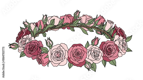 Beautiful floral wreath with roses and leaves in shades of pink and white.