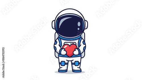 Astronaut in white space suit holding red heart.